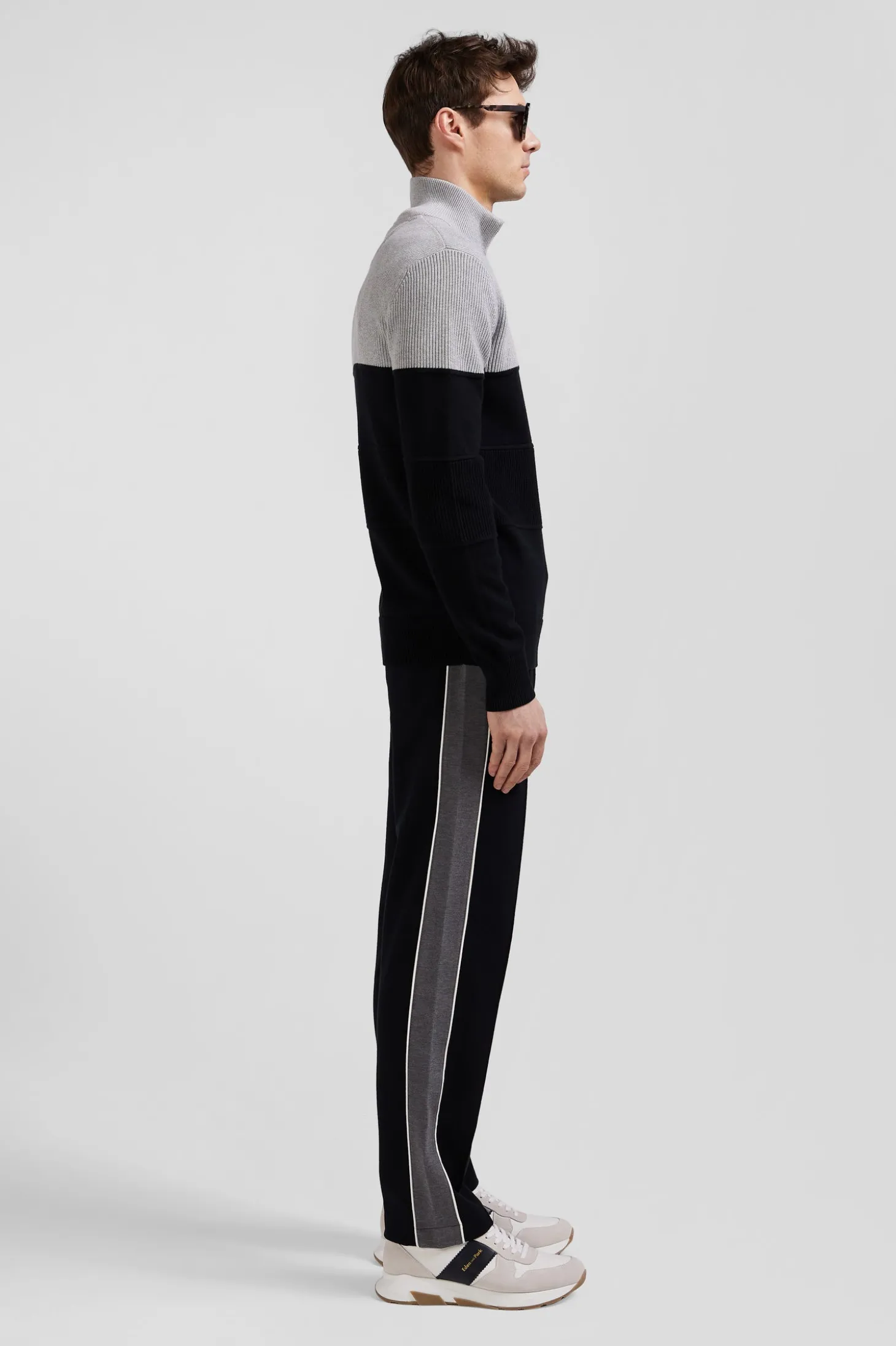 Grey cotton half-zip jumper with knit details Regular fit