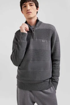 Grey cotton half-zip jumper with knit details Regular fit