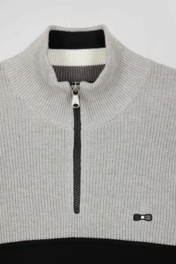 Grey cotton half-zip jumper with knit details Regular fit
