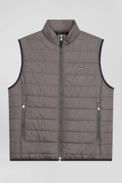 Grey quilted sleeveless high collar down vest