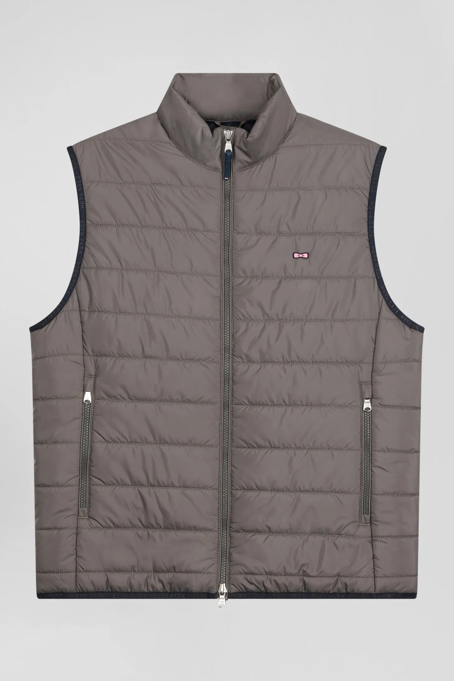 Grey quilted sleeveless high collar down vest