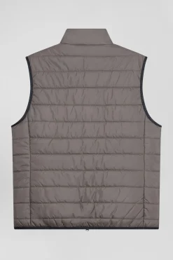 Grey quilted sleeveless high collar down vest