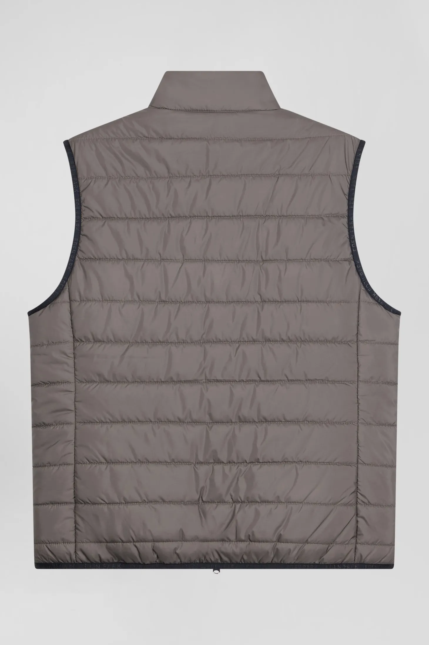 Grey quilted sleeveless high collar down vest