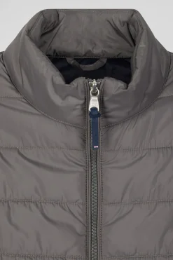 Grey quilted sleeveless high collar down vest