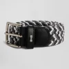 Grey rubber stretch braided belt with silver metal buckle