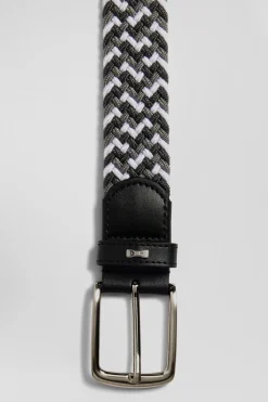 Grey rubber stretch braided belt with silver metal buckle