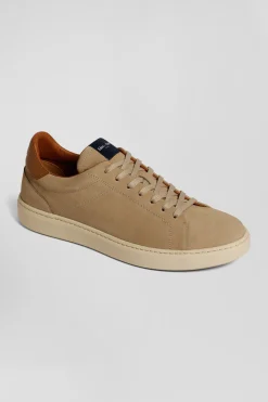 Khaki grained leather low-top sneakers