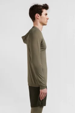 Khaki green hoodie with striped sleeves