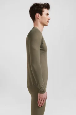 Khaki green long-sleeved sports T-shirt with striped details