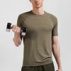 Khaki green short-sleeved sports T-shirt with striped details