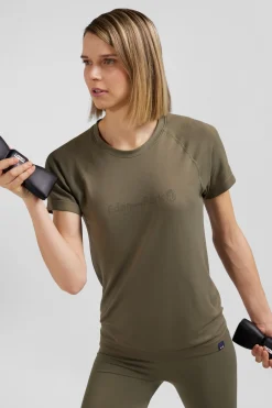 Khaki green short-sleeved sports T-shirt with striped details