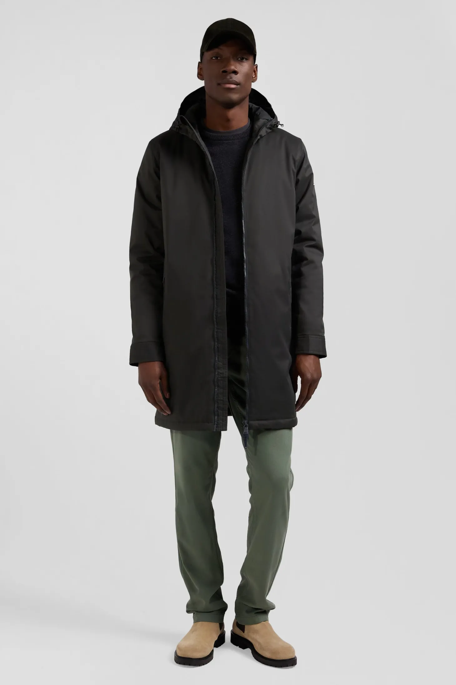 Khaki long hooded nylon parka