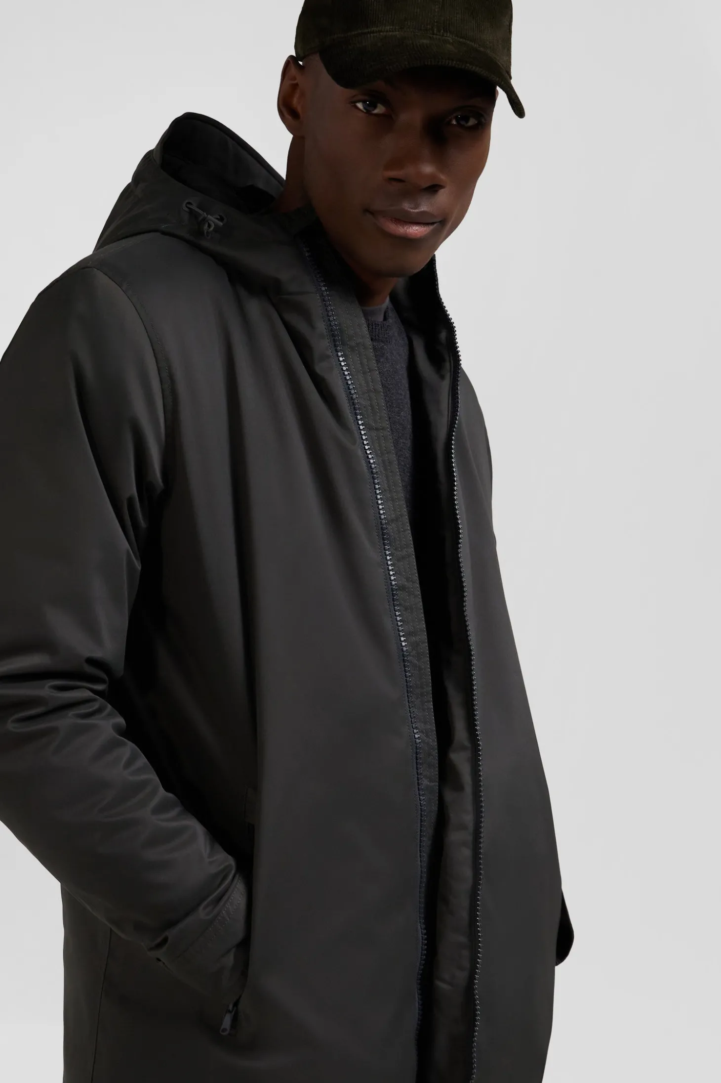 Khaki long hooded nylon parka