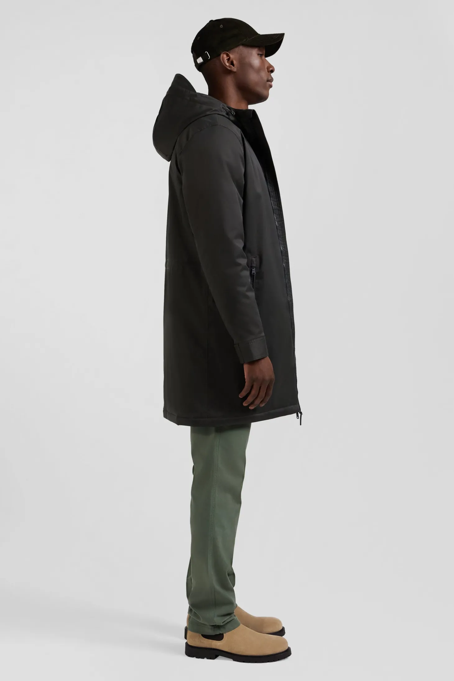 Khaki long hooded nylon parka