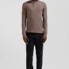 Long-sleeved brown cotton piqué polo shirt