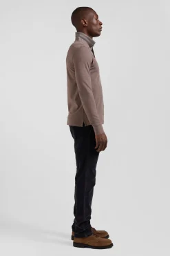 Long-sleeved brown cotton piqué polo shirt