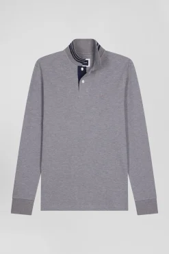 Long-sleeved grey cotton piqué polo shirt