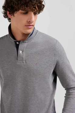 Long-sleeved grey cotton piqué polo shirt