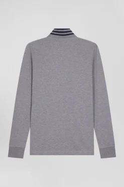 Long-sleeved grey cotton piqué polo shirt