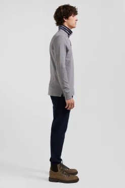 Long-sleeved grey cotton piqué polo shirt