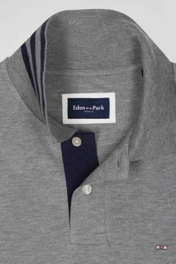 Long-sleeved grey cotton piqué polo shirt