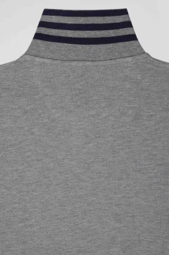 Long-sleeved grey cotton piqué polo shirt