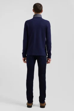Long-sleeved navy blue cotton piqué polo shirt