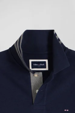 Long-sleeved navy blue cotton piqué polo shirt