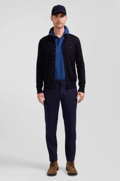 Modern navy blue blended wool elastic waist trousers