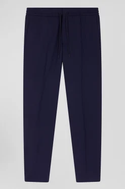 Modern navy blue blended wool elastic waist trousers