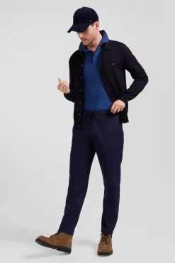 Modern navy blue blended wool elastic waist trousers