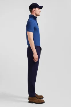 Modern navy blue blended wool elastic waist trousers