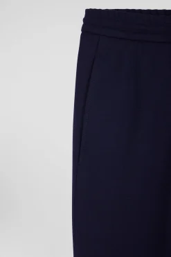 Modern navy blue blended wool elastic waist trousers
