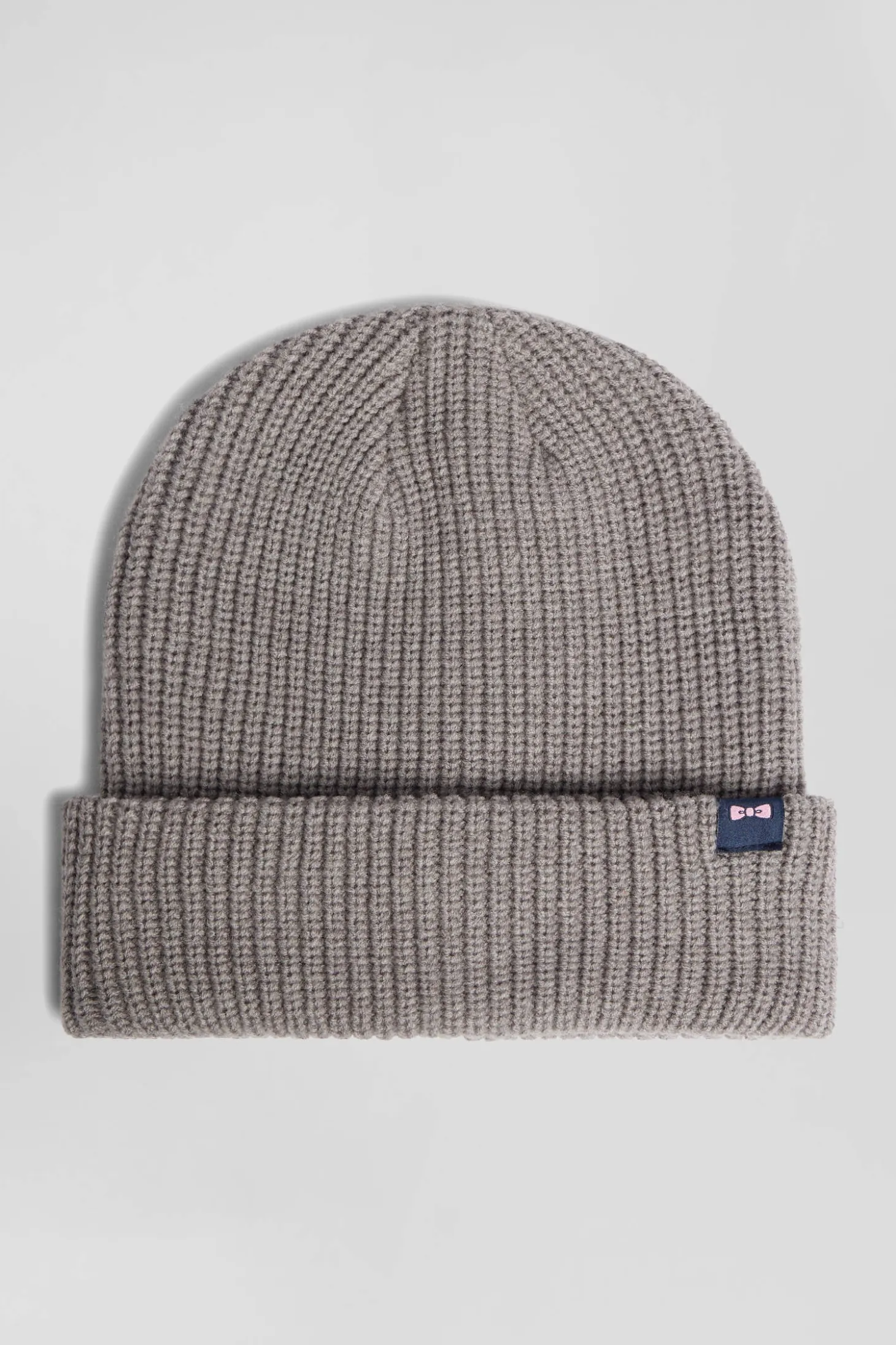Mottled grey knitted beanie with bow tie embroidery