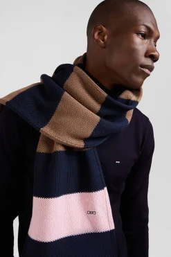 Navy and brown striped cotton scarf
