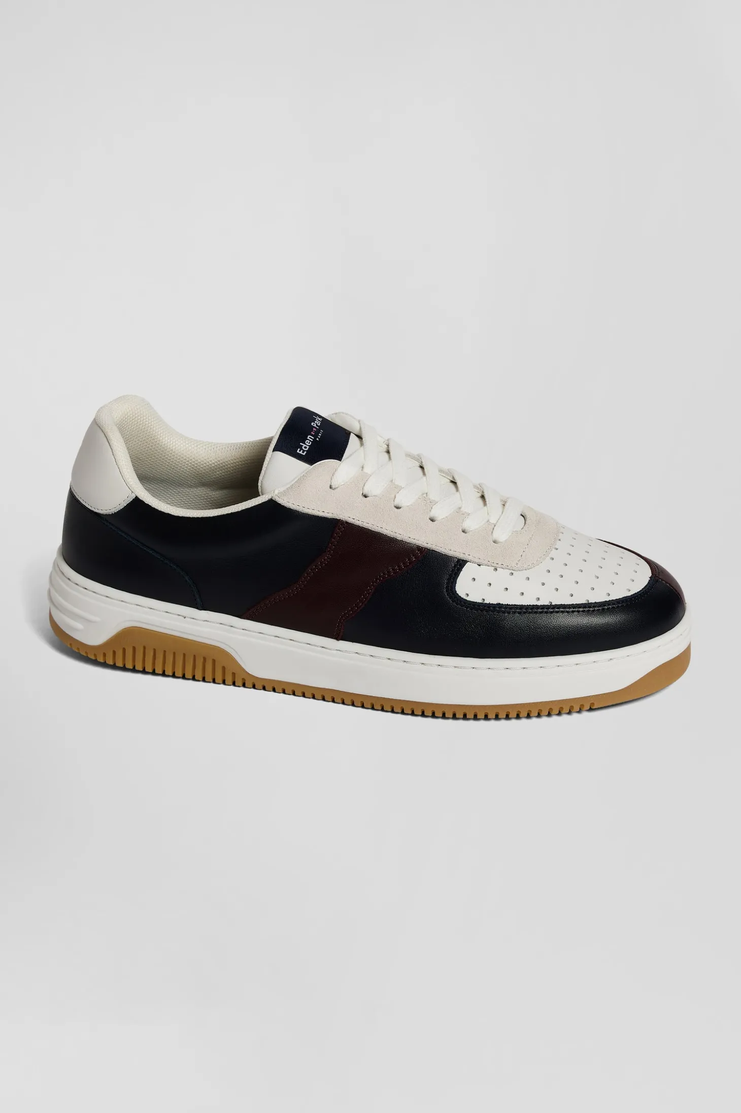 Navy blue and burgundy leather sneakers