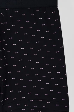 Navy blue and pink stretch cotton boxers with micro bow tie pattern