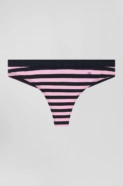 Navy blue and pink striped stretch cotton jersey thong