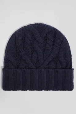 Navy blue cable knitted wool beanie