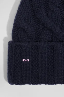 Navy blue cable knitted wool beanie