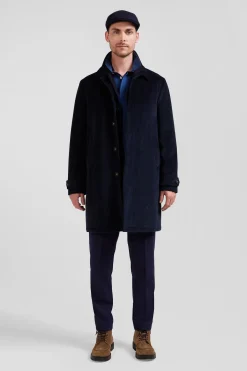 Navy blue checkered cotton blend coat
