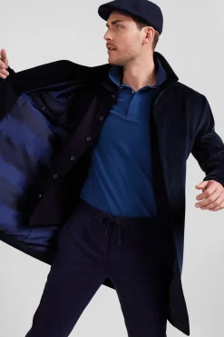 Navy blue checkered cotton blend coat