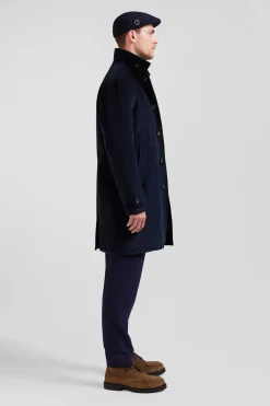 Navy blue checkered cotton blend coat