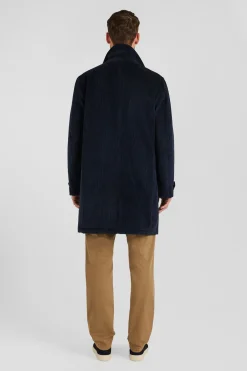 Navy blue checkered cotton blend coat