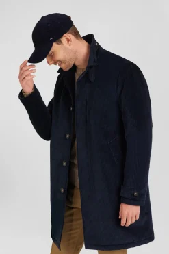 Navy blue checkered cotton blend coat