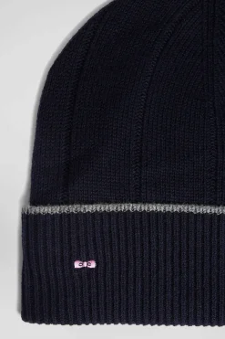 Navy blue cotton and cashmere beanie with contrasting trim