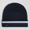 Navy blue cotton beanie with striped turn-up