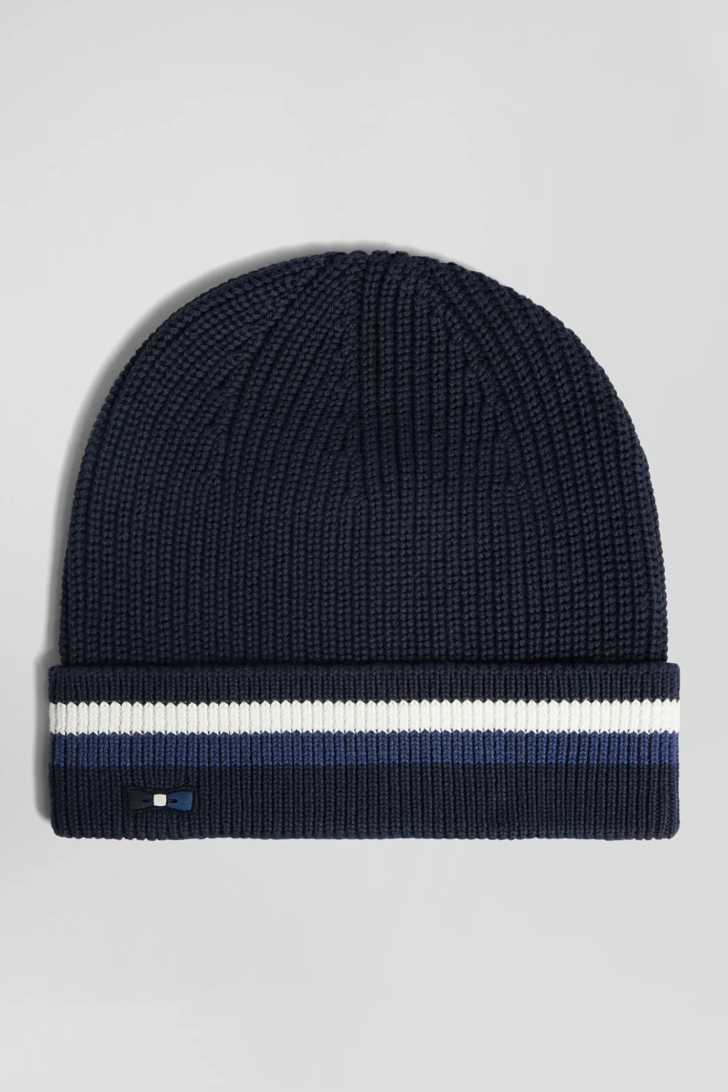 Navy blue cotton beanie with striped turn-up