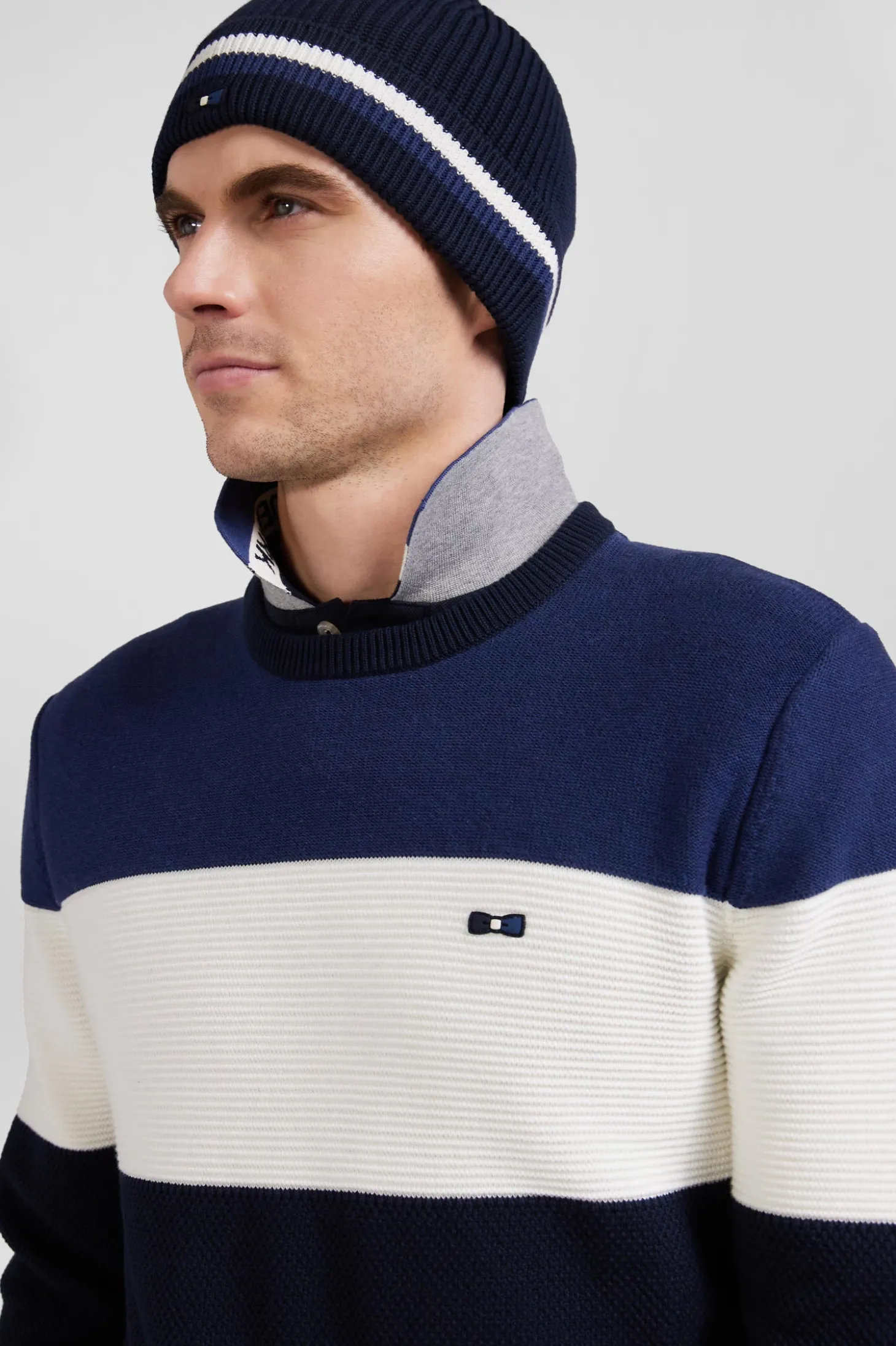 Navy blue cotton beanie with striped turn-up