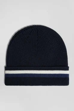 Navy blue cotton beanie with striped turn-up